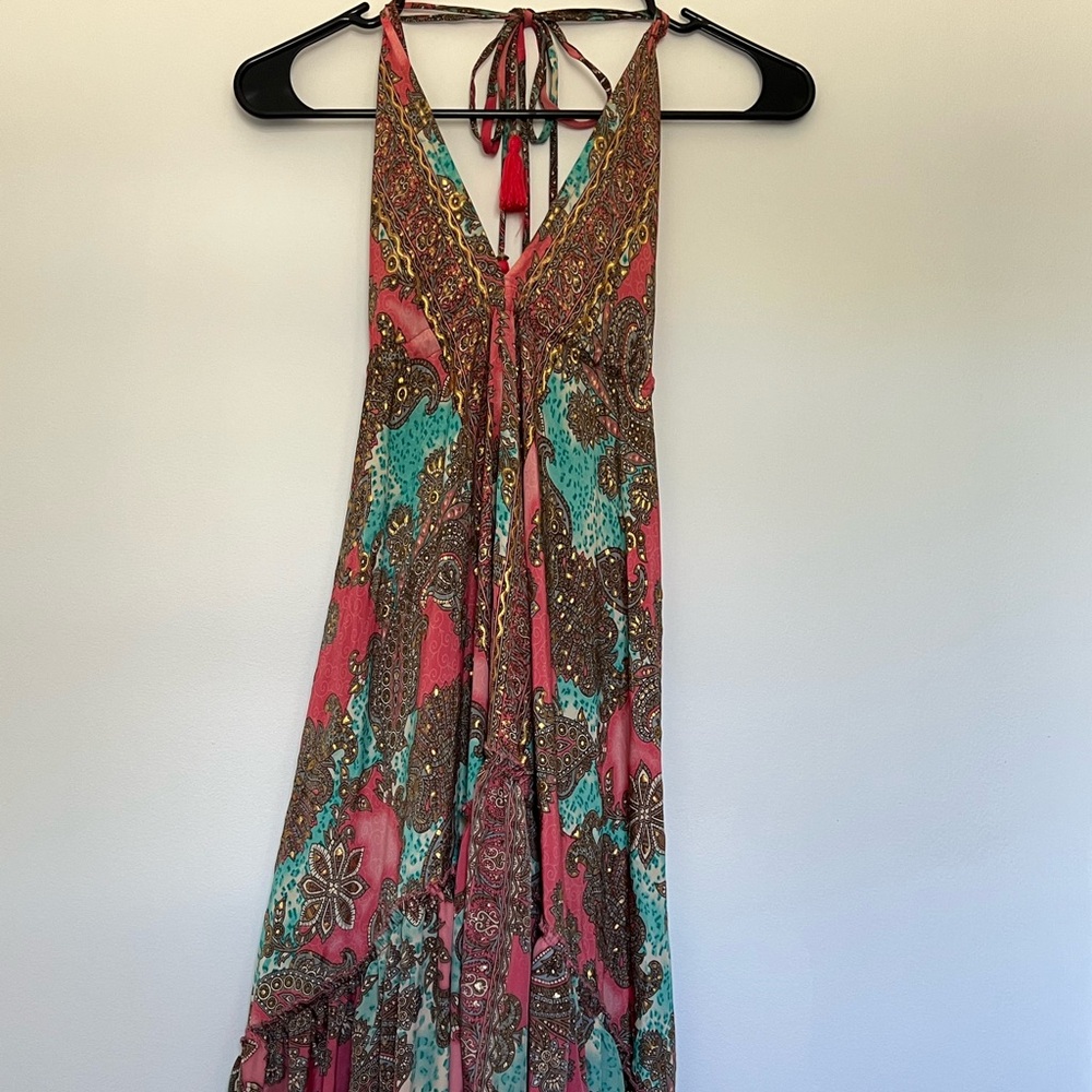 Elegant Paisley Maxi Dress - Pink and Teal